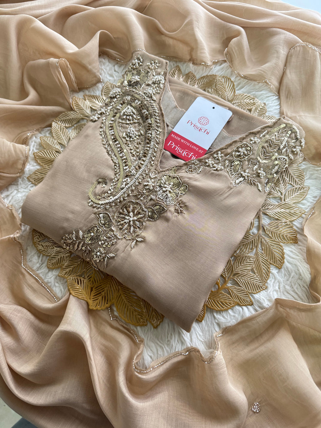 Beige Designer Embroidered kurta set with pant with dupatta
