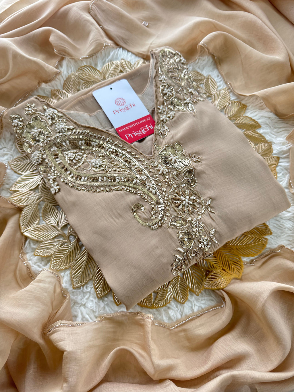 Beige Designer Embroidered kurta set with pant with dupatta