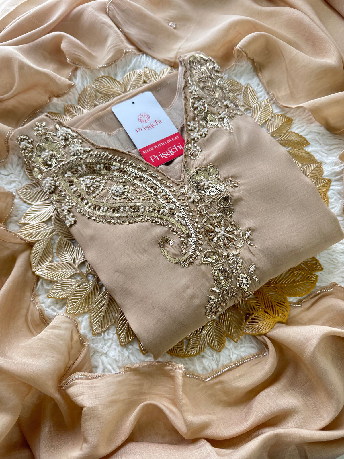 Beige Designer Embroidered kurta set with pant with dupatta