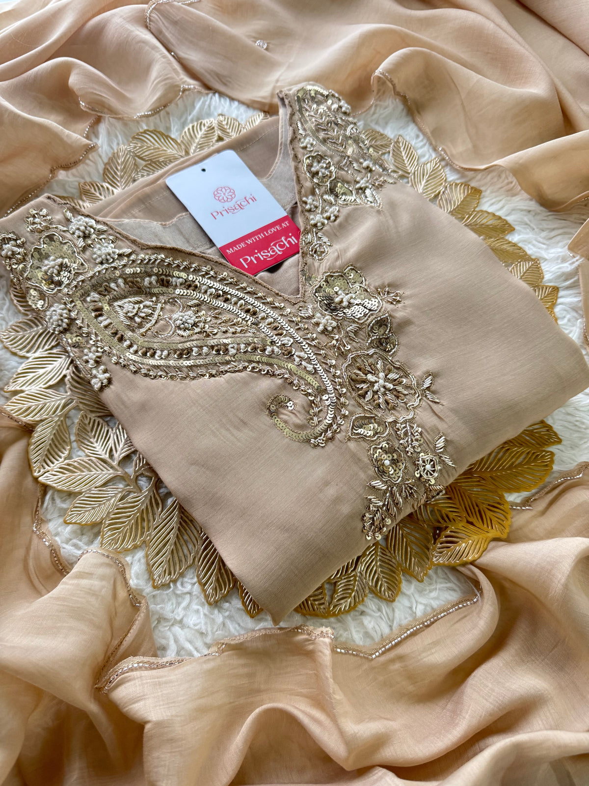 Beige Designer Embroidered kurta set with pant with dupatta