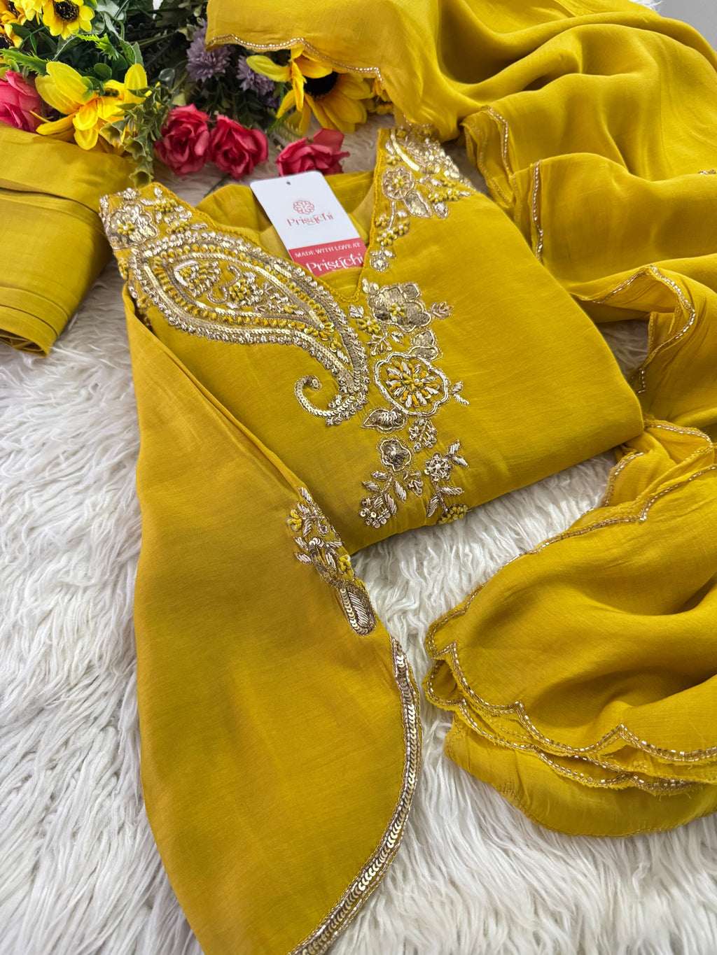 Yellow Designer Embroidered kurta set with pant with dupatta
