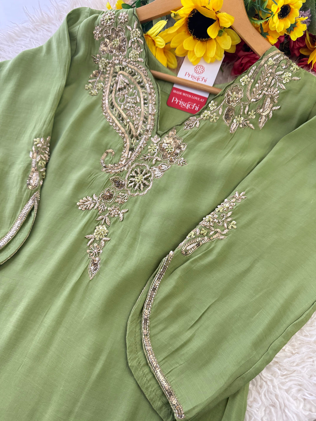 Pista Green  Designer Embroidered kurta set with pant with dupatta