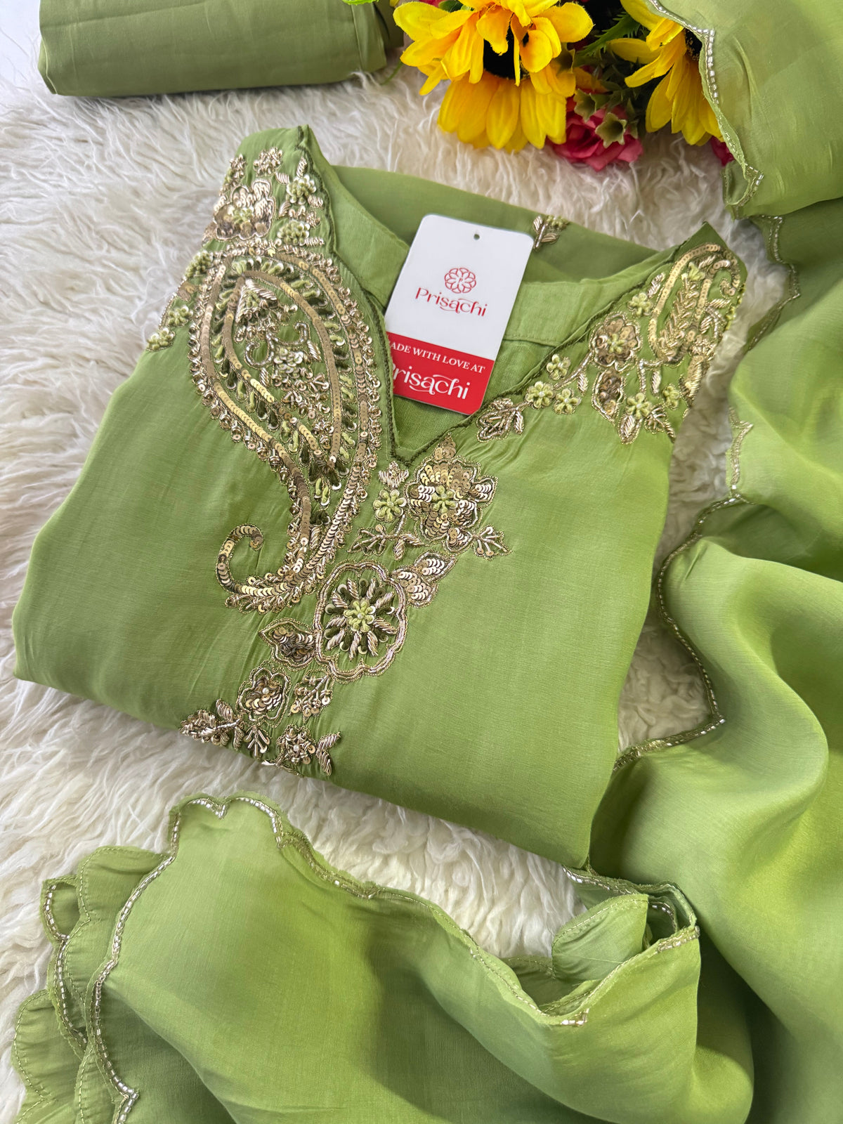 Pista Green  Designer Embroidered kurta set with pant with dupatta