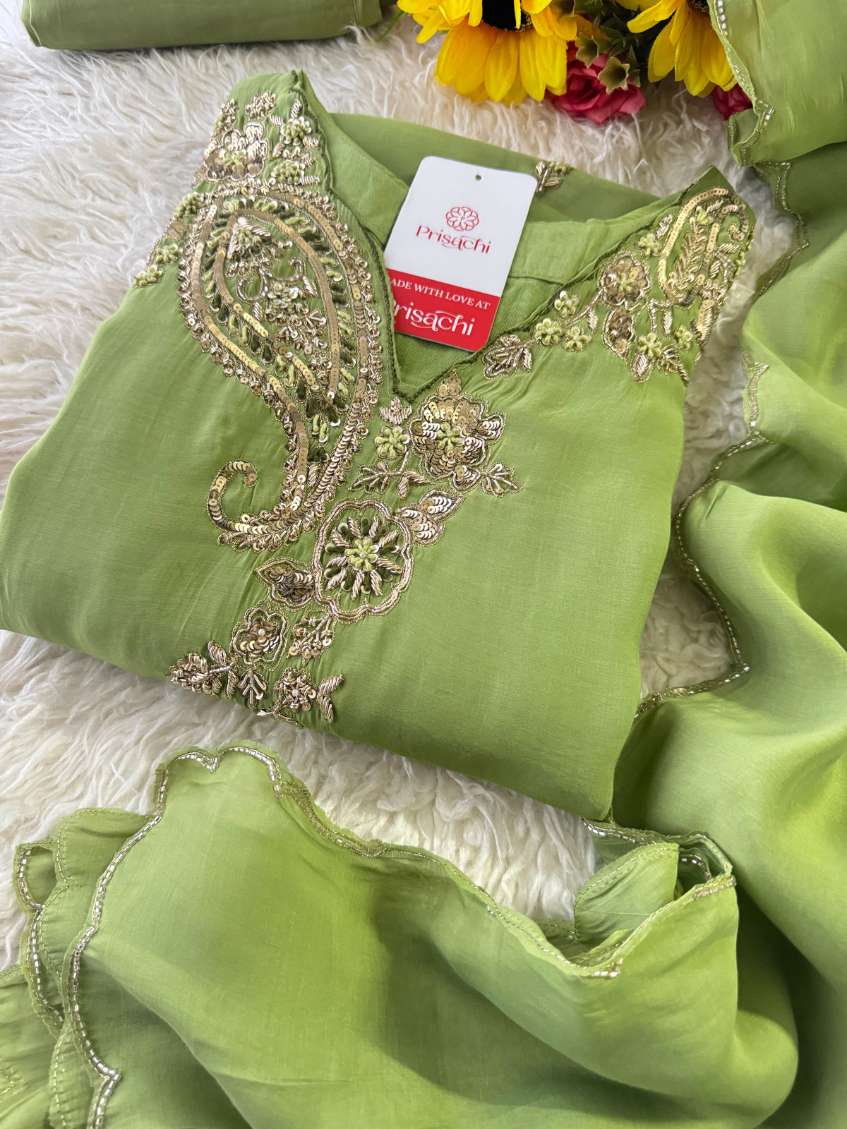 Pista Green  Designer Embroidered kurta set with pant with dupatta