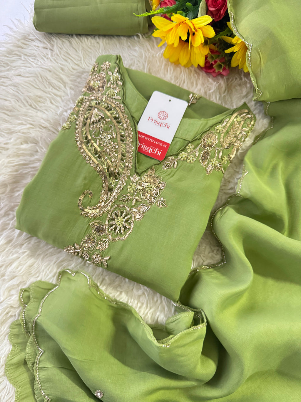 Pista Green  Designer Embroidered kurta set with pant with dupatta