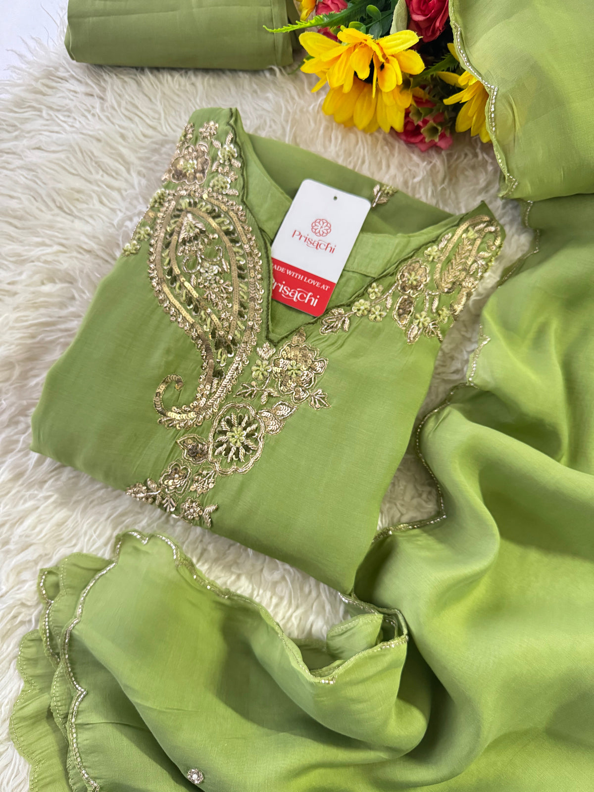 Pista Green  Designer Embroidered kurta set with pant with dupatta