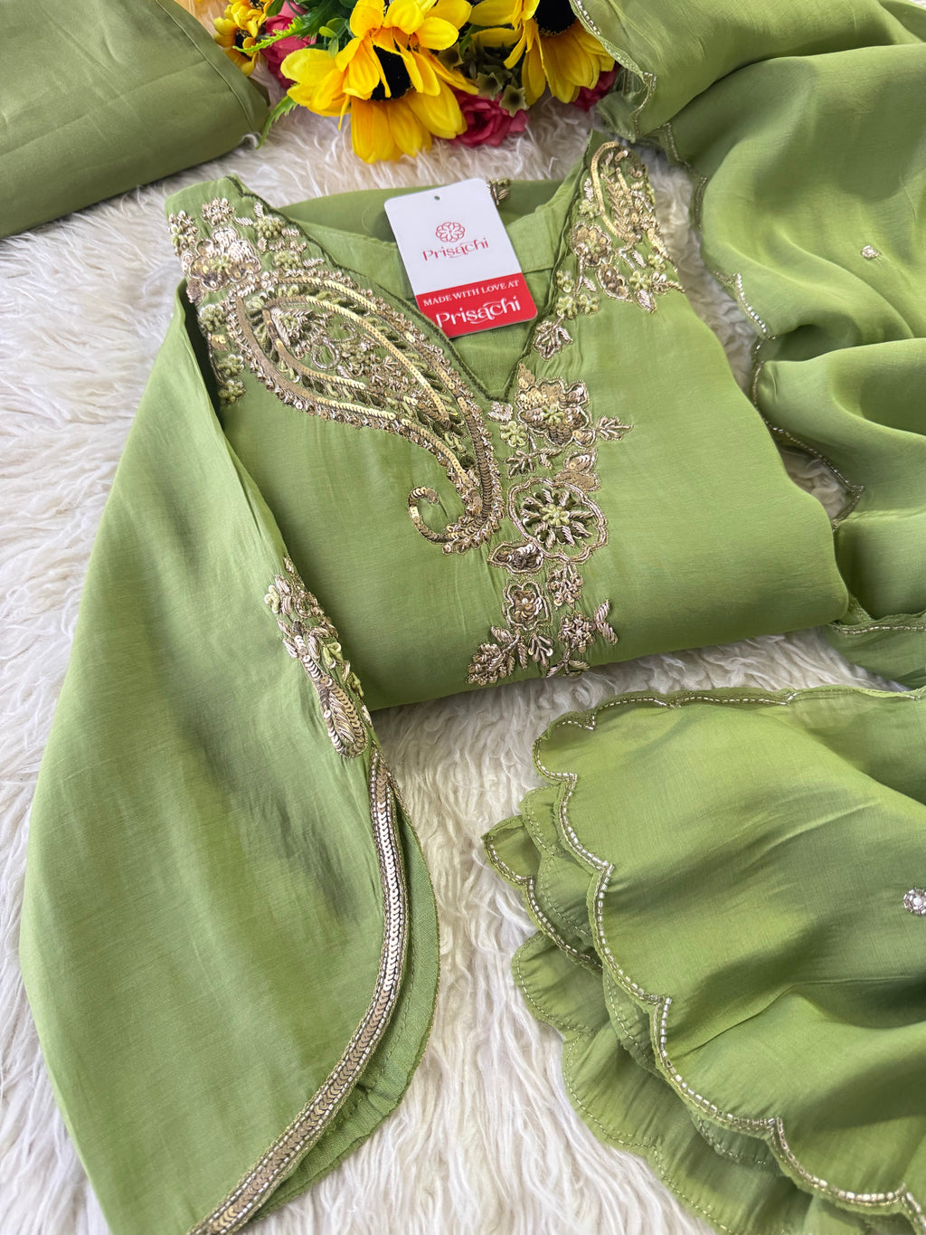 Pista Green  Designer Embroidered kurta set with pant with dupatta