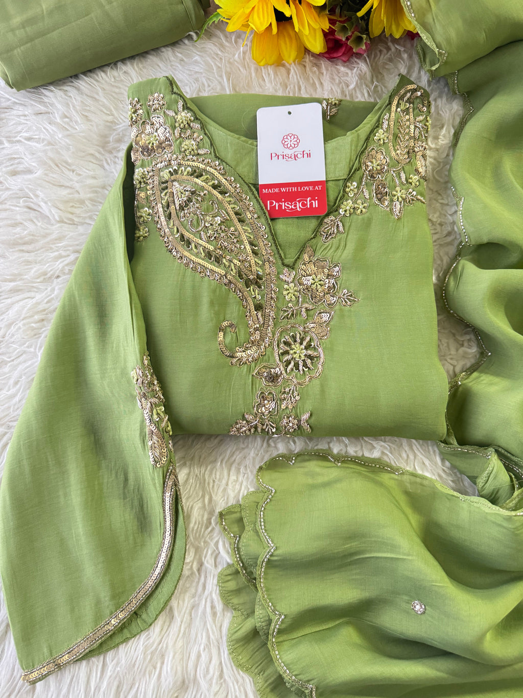 Pista Green  Designer Embroidered kurta set with pant with dupatta