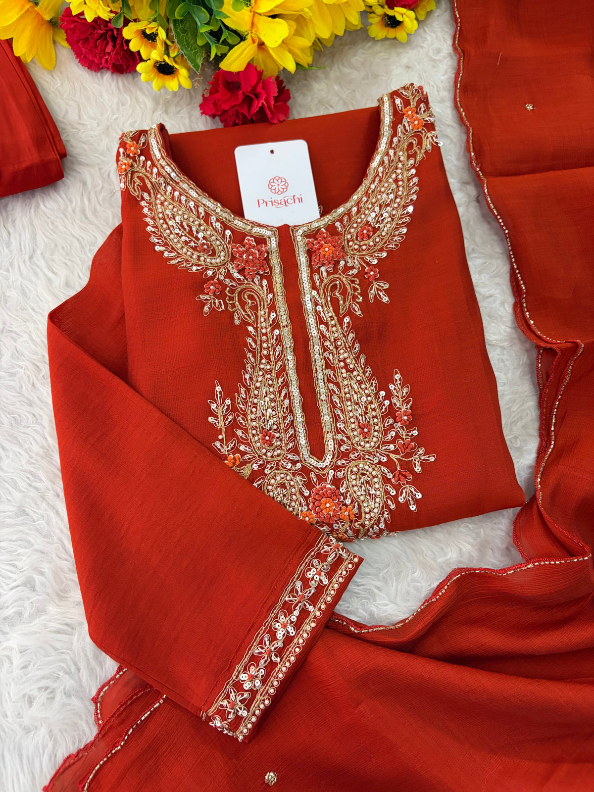 Orange Embroidered Ethnic Kurta Set for Women with Pants & Dupatta | Festive Traditional Wear