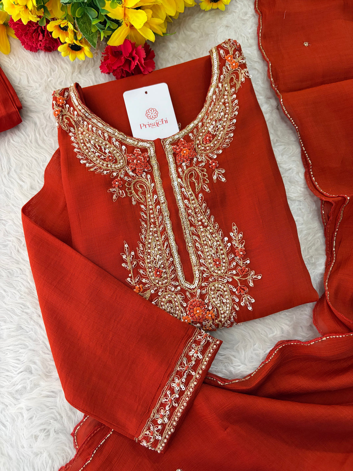 Orange Embroidered Ethnic Kurta Set for Women with Pants & Dupatta | Festive Traditional Wear