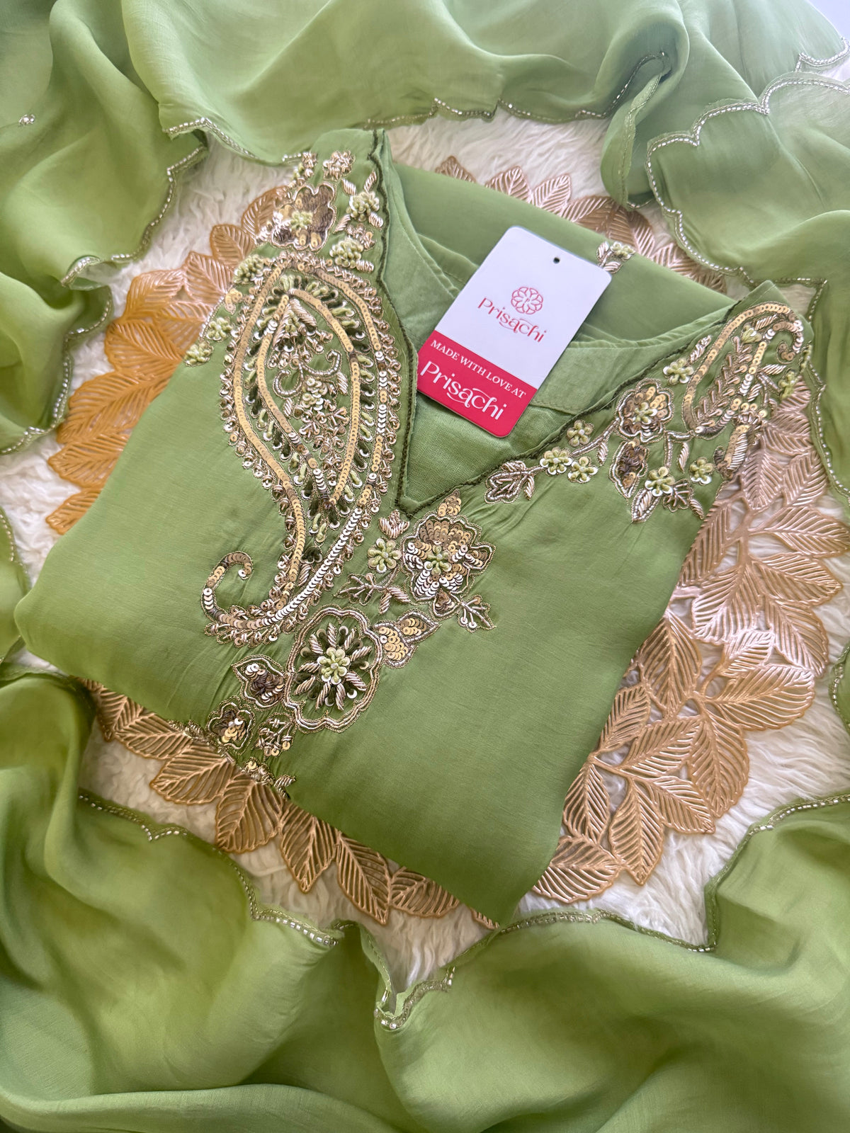 Pista Green  Designer Embroidered kurta set with pant with dupatta