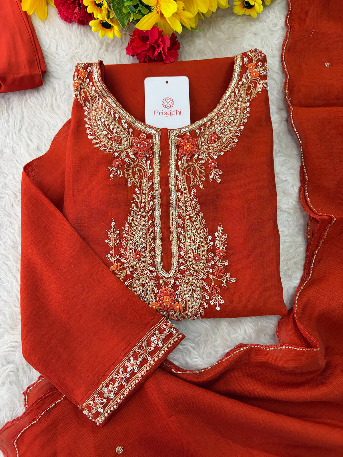 Orange Embroidered Ethnic Kurta Set for Women with Pants & Dupatta | Festive Traditional Wear