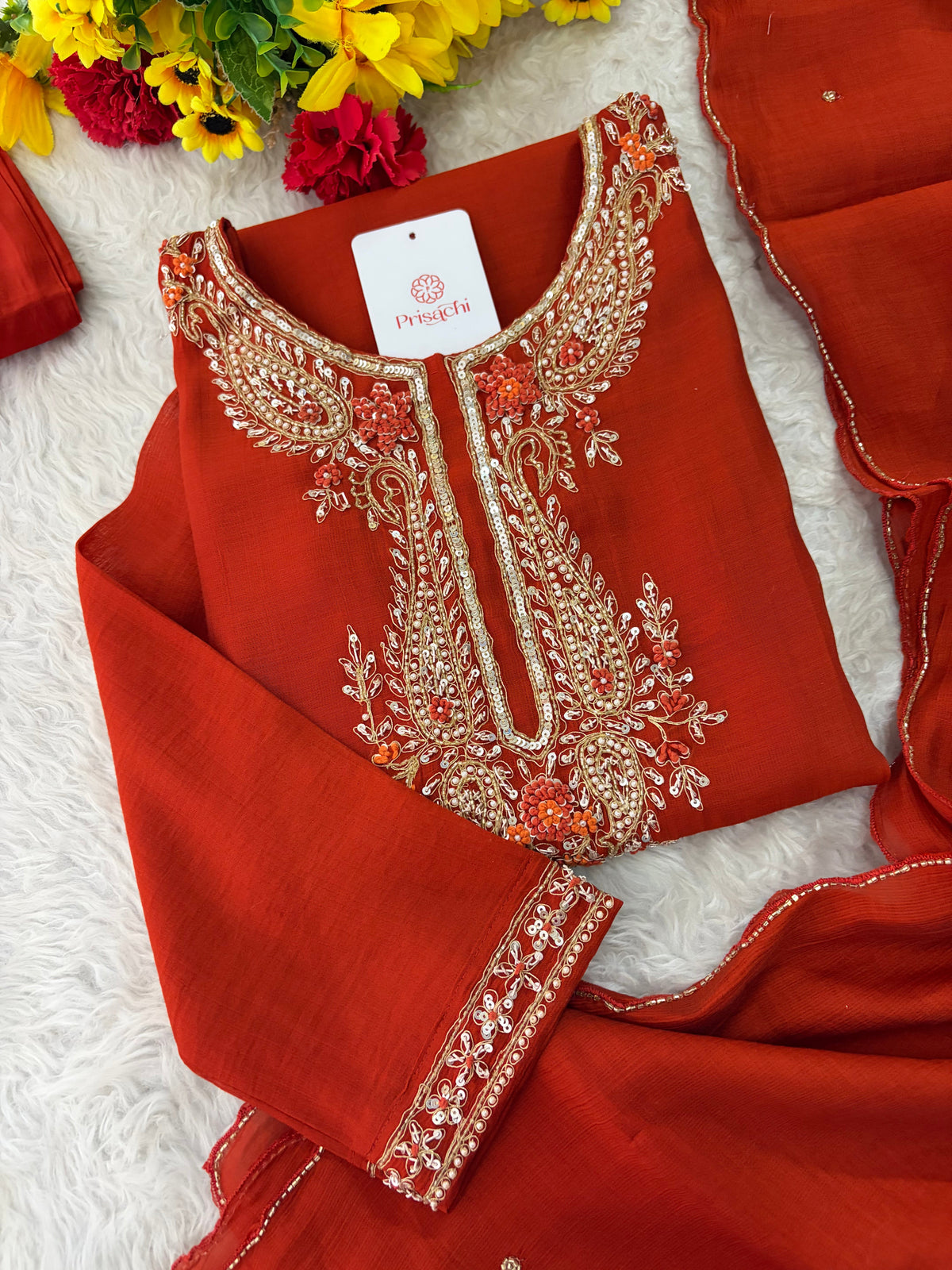 Orange Embroidered Ethnic Kurta Set for Women with Pants & Dupatta | Festive Traditional Wear
