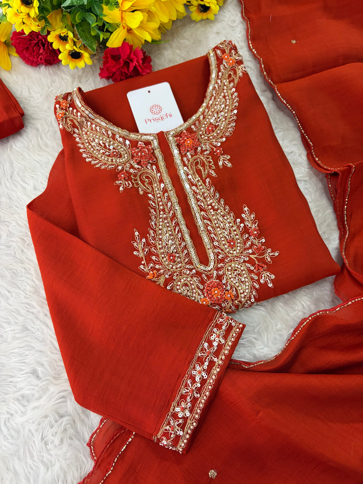 Orange Embroidered Ethnic Kurta Set for Women with Pants & Dupatta | Festive Traditional Wear