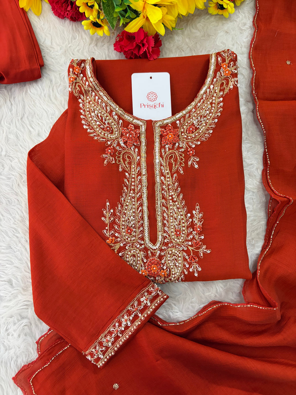 Orange Embroidered Ethnic Kurta Set for Women with Pants & Dupatta | Festive Traditional Wear