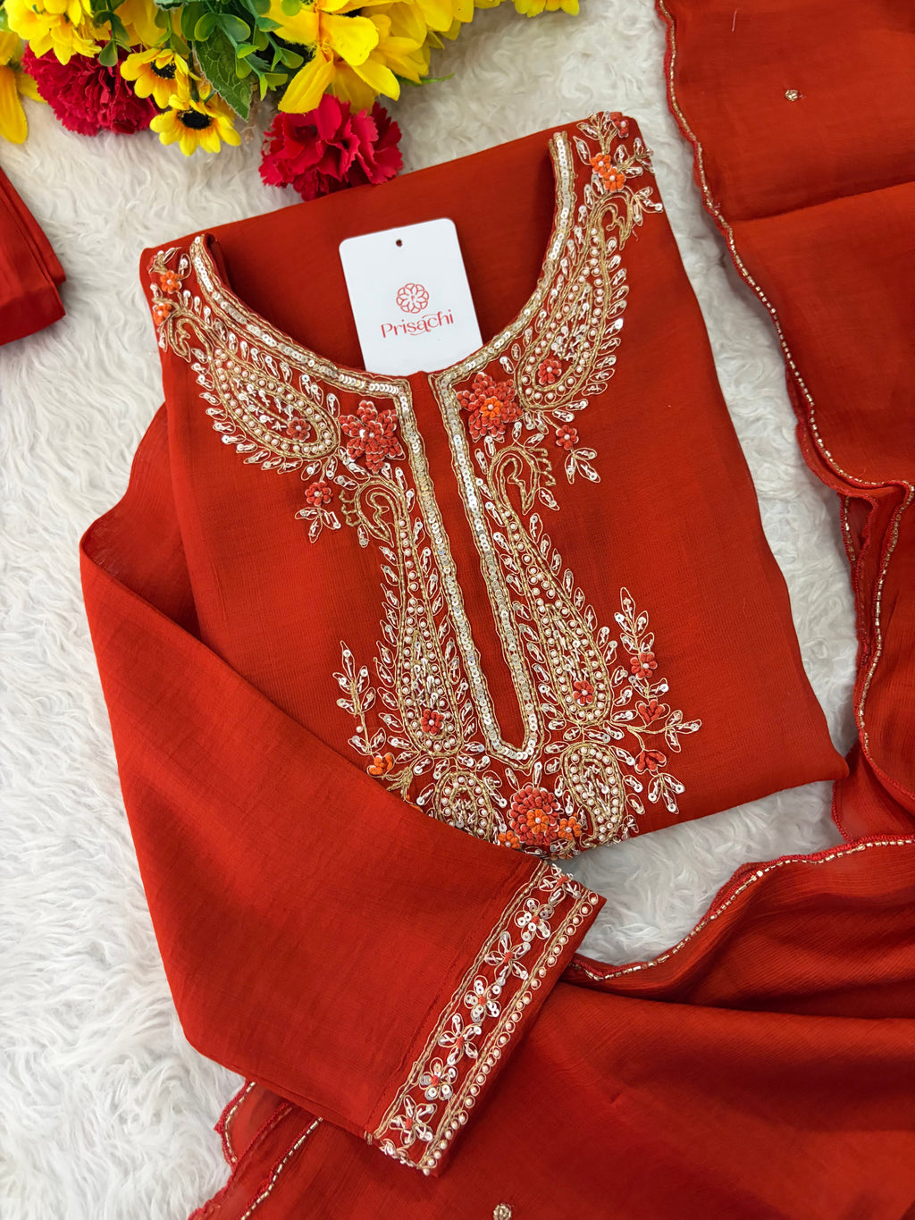 Orange Embroidered Ethnic Kurta Set for Women with Pants & Dupatta | Festive Traditional Wear