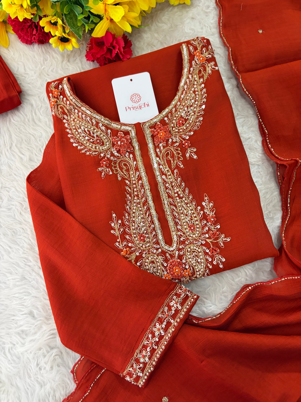 Orange Embroidered Ethnic Kurta Set for Women with Pants & Dupatta | Festive Traditional Wear