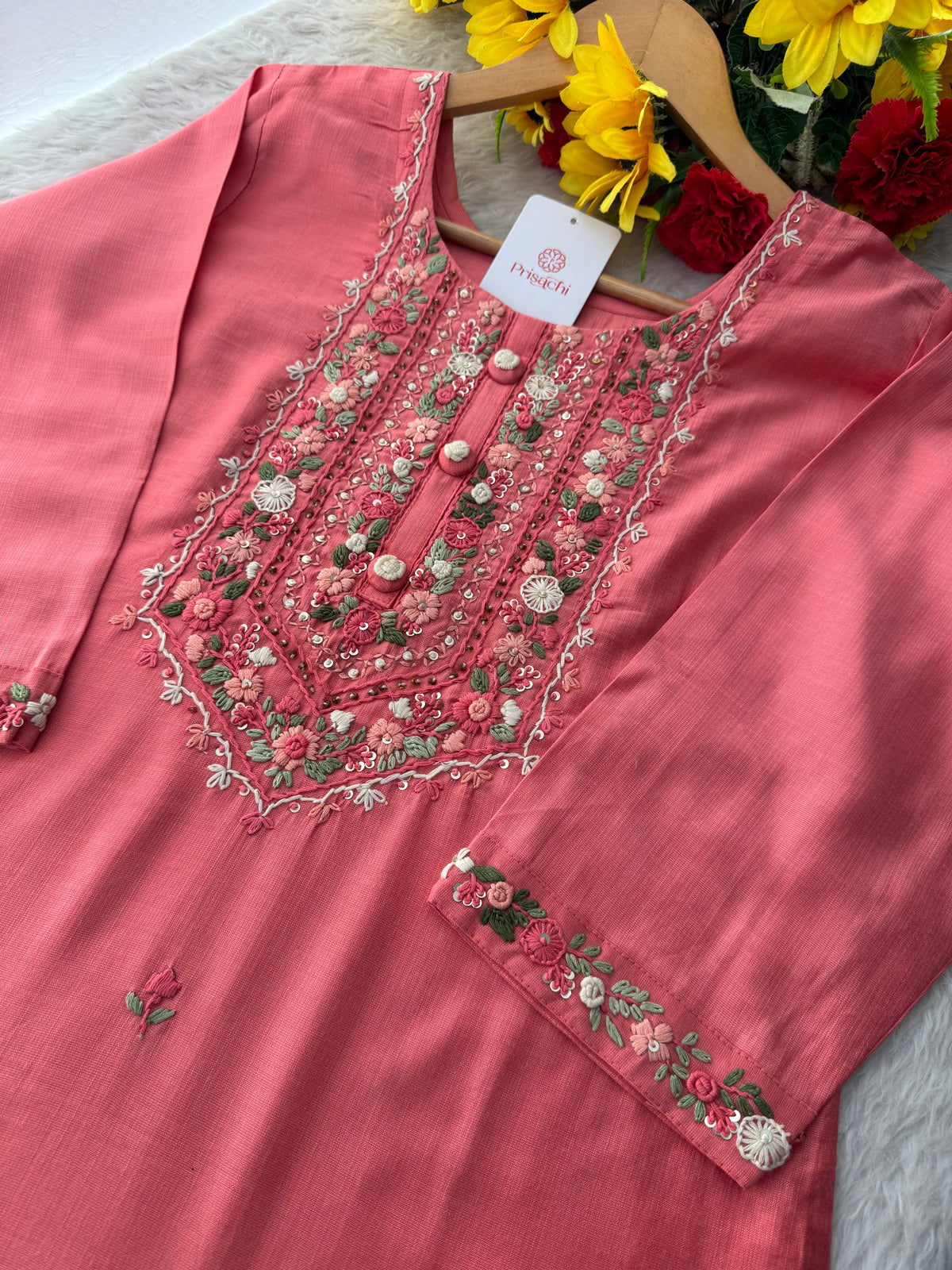 Designer Thread Embroidered Straight Kurti Pant Co-ord Set for Women | Ethnic Office Wear & Daily Wear Outfit