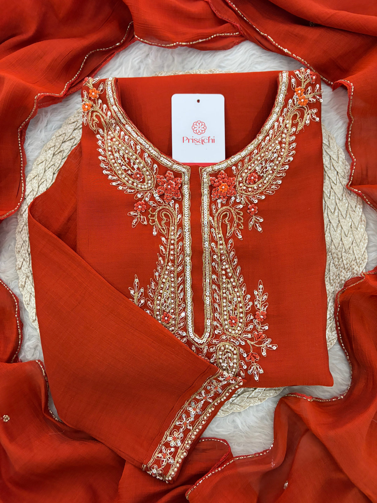Orange Embroidered Ethnic Kurta Set for Women with Pants & Dupatta | Festive Traditional Wear