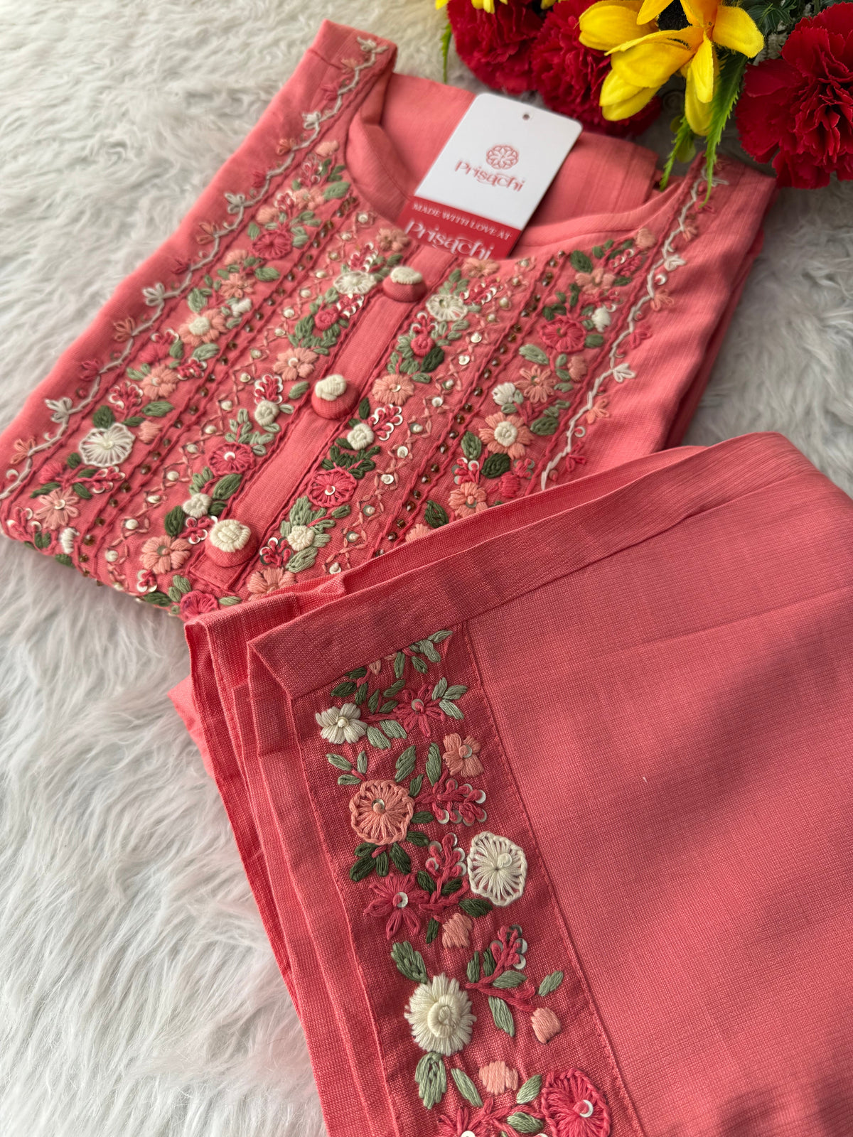 Pink Thread Embroidered Straight Kurti Pant Co-ord Set for Women | Ethnic Office Wear & Daily Wear Outfit