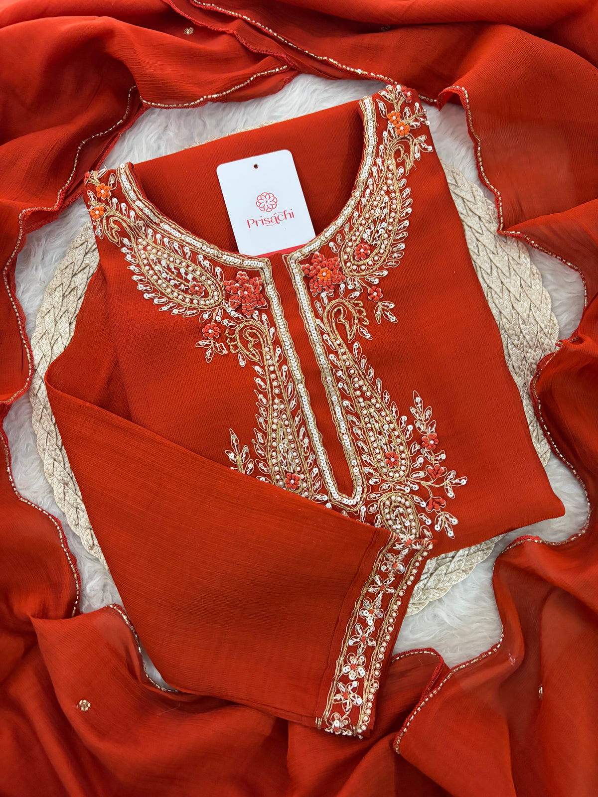 Orange Embroidered Ethnic Kurta Set for Women with Pants & Dupatta | Festive Traditional Wear