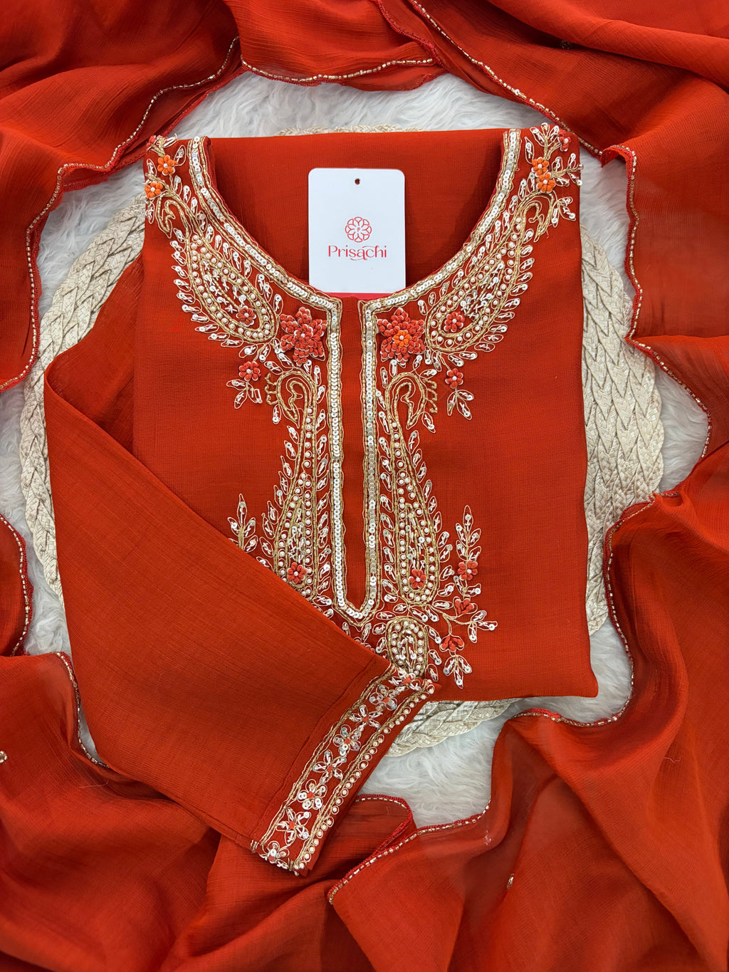 Orange Embroidered Ethnic Kurta Set for Women with Pants & Dupatta | Festive Traditional Wear