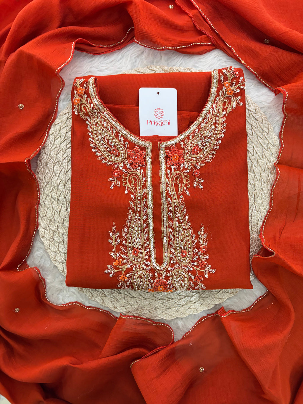 Orange Embroidered Ethnic Kurta Set for Women with Pants & Dupatta | Festive Traditional Wear