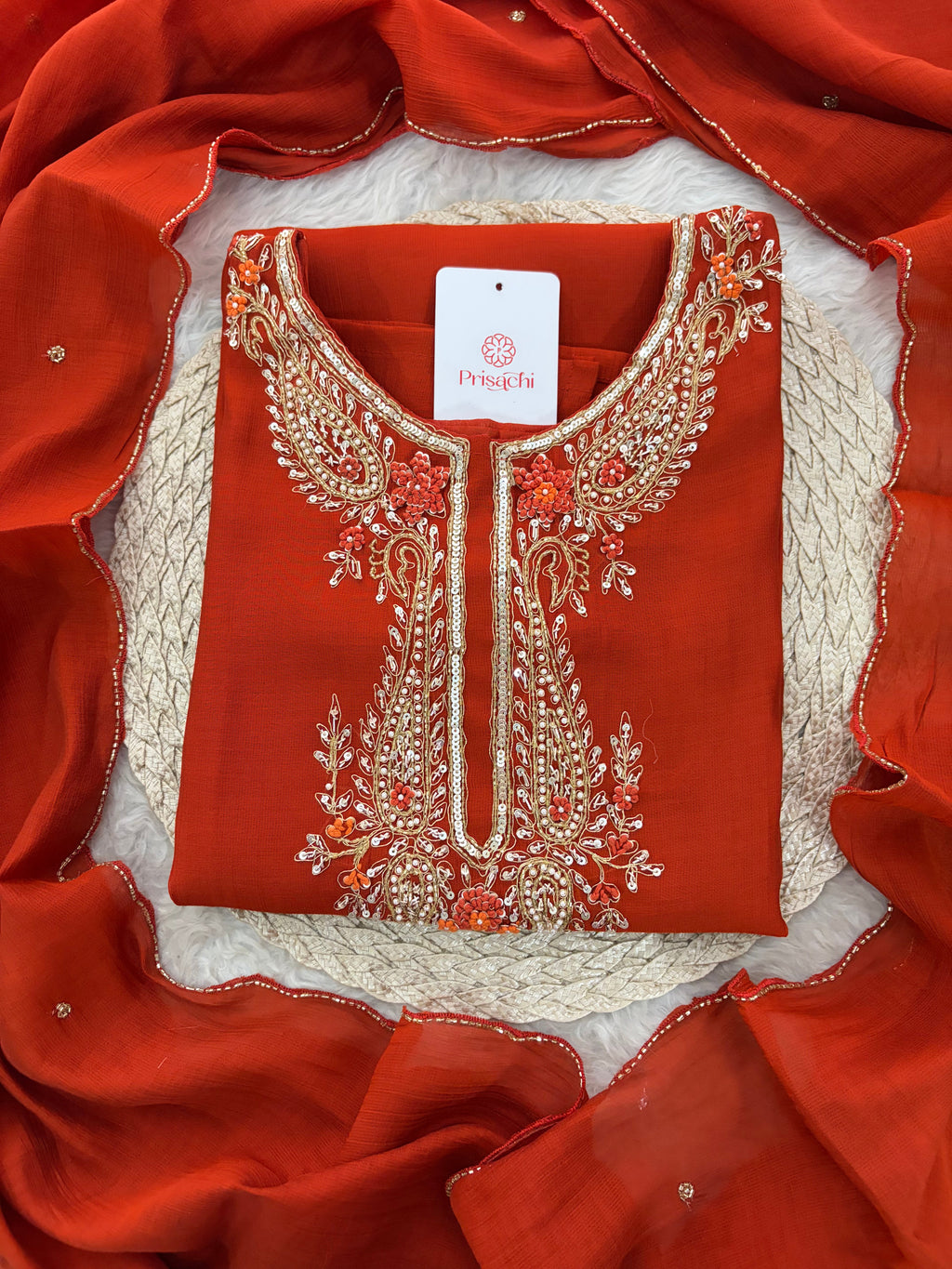 Orange Embroidered Ethnic Kurta Set for Women with Pants & Dupatta | Festive Traditional Wear