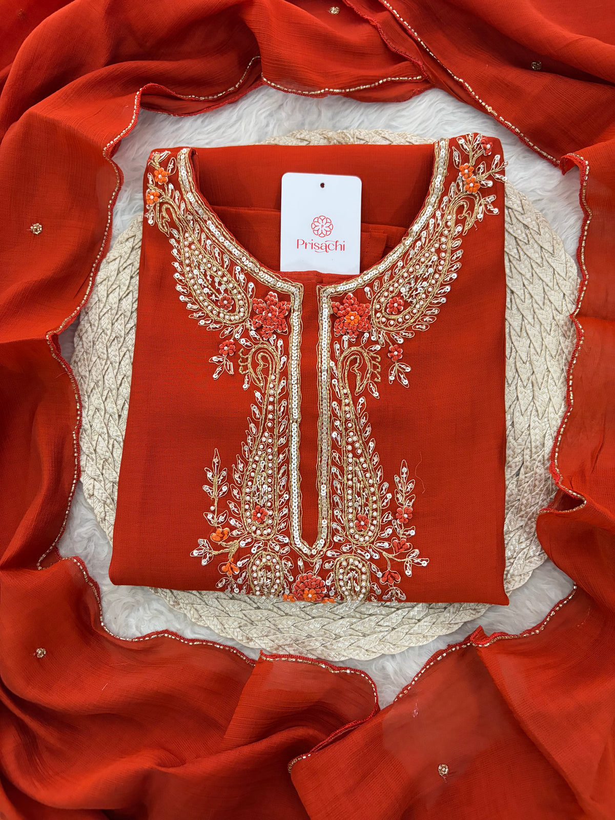 Orange Embroidered Ethnic Kurta Set for Women with Pants & Dupatta | Festive Traditional Wear