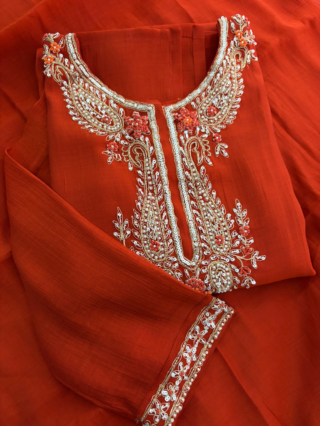 Orange Embroidered Ethnic Kurta Set for Women with Pants & Dupatta | Festive Traditional Wear
