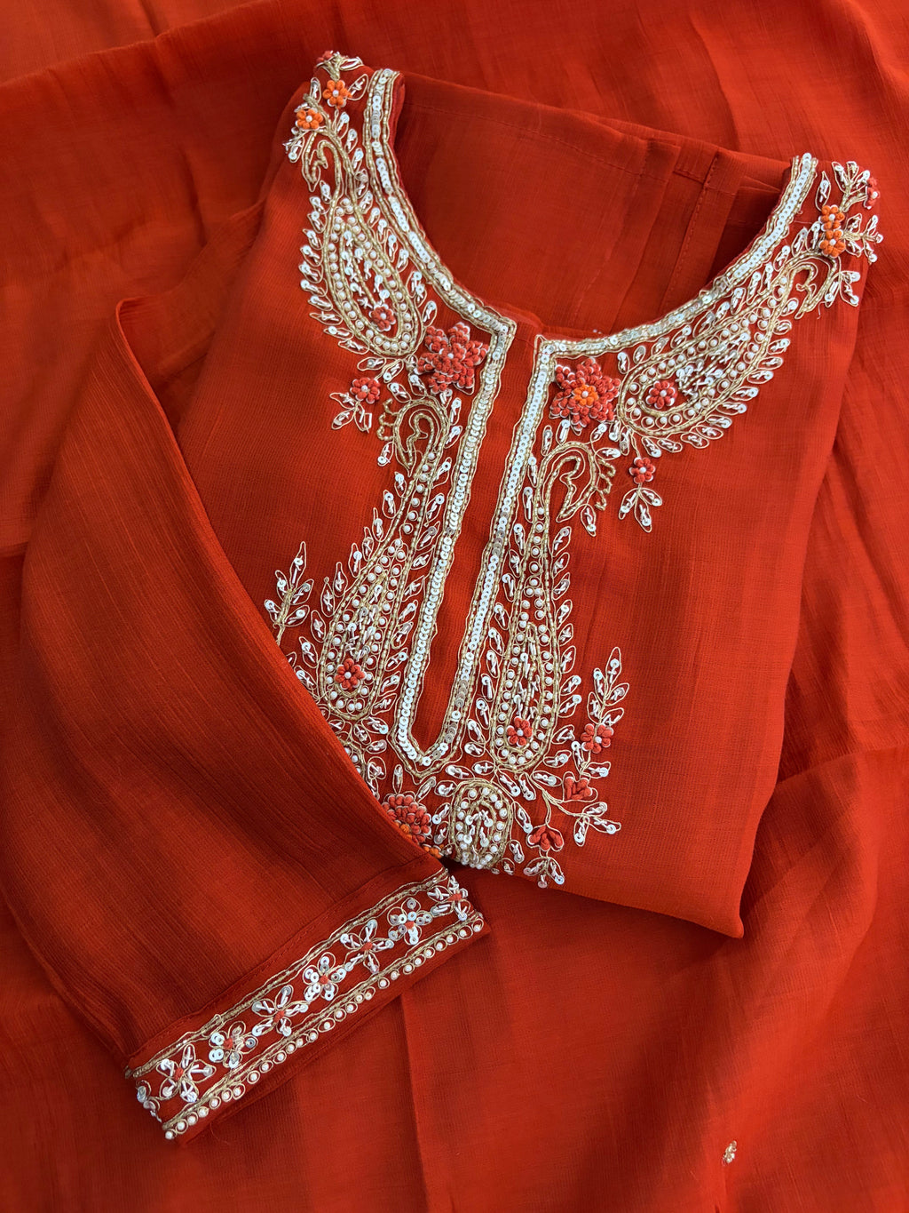 Orange Embroidered Ethnic Kurta Set for Women with Pants & Dupatta | Festive Traditional Wear