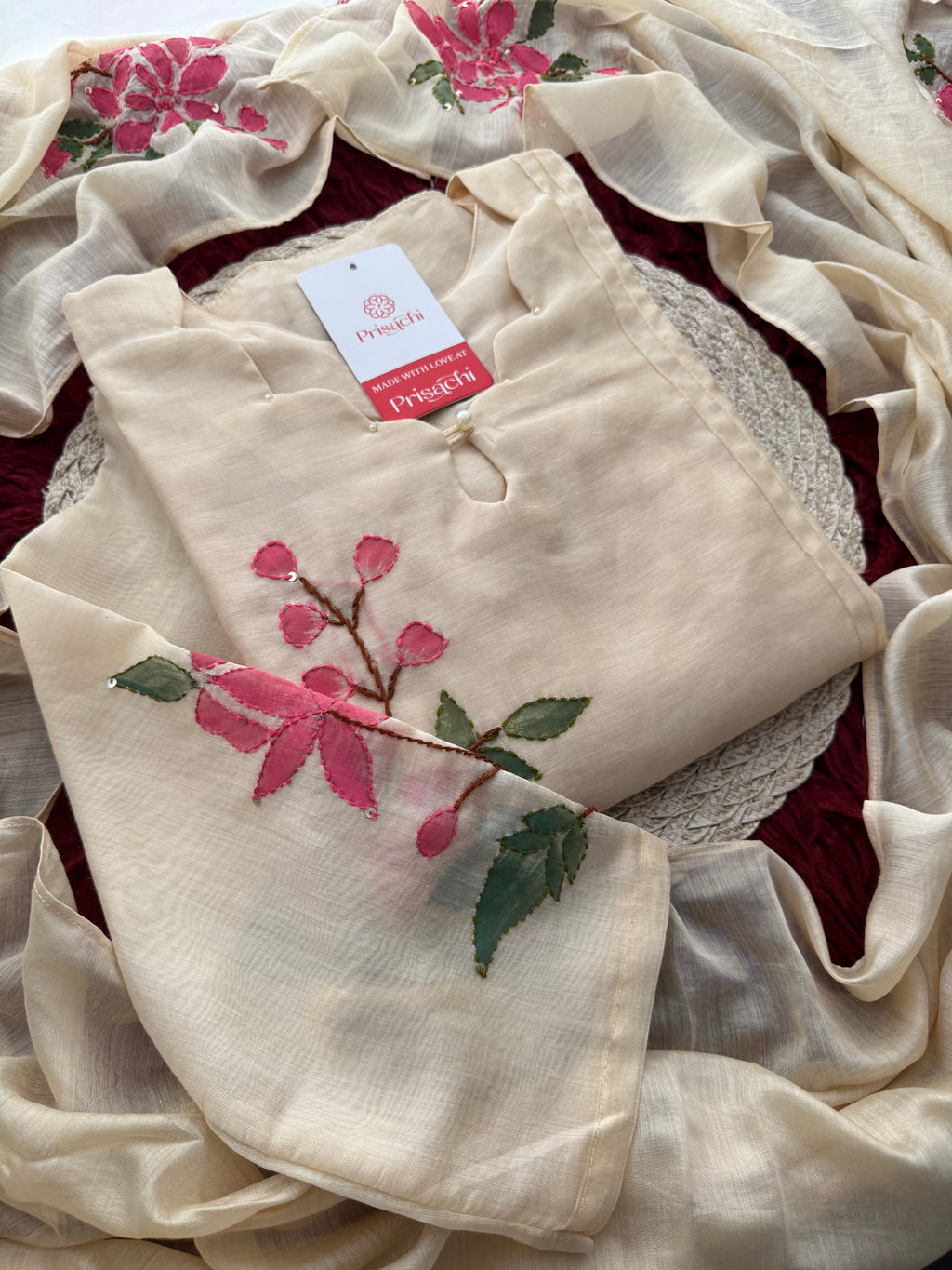 Off White Thread Embroidered A-Line Ethnic Kurta Set with Dupatta & Pants