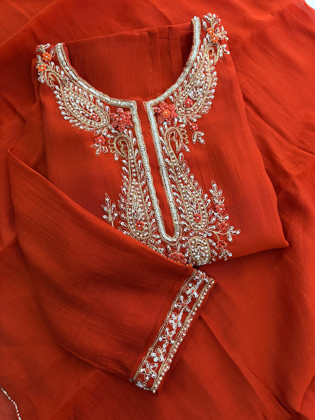 Orange Embroidered Ethnic Kurta Set for Women with Pants & Dupatta | Festive Traditional Wear