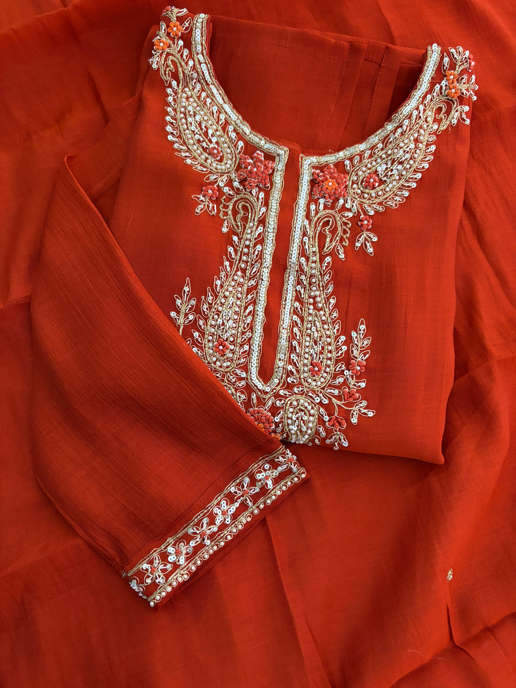 Orange Embroidered Ethnic Kurta Set for Women with Pants & Dupatta | Festive Traditional Wear