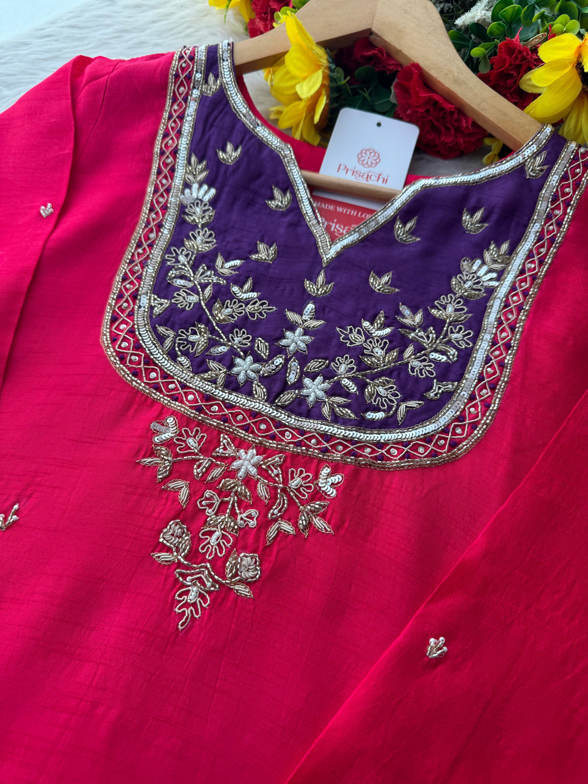 Pink Zardozi Embroidered Kurta Set for Women with Pants & Dupatta | Traditional Ethnic Wear