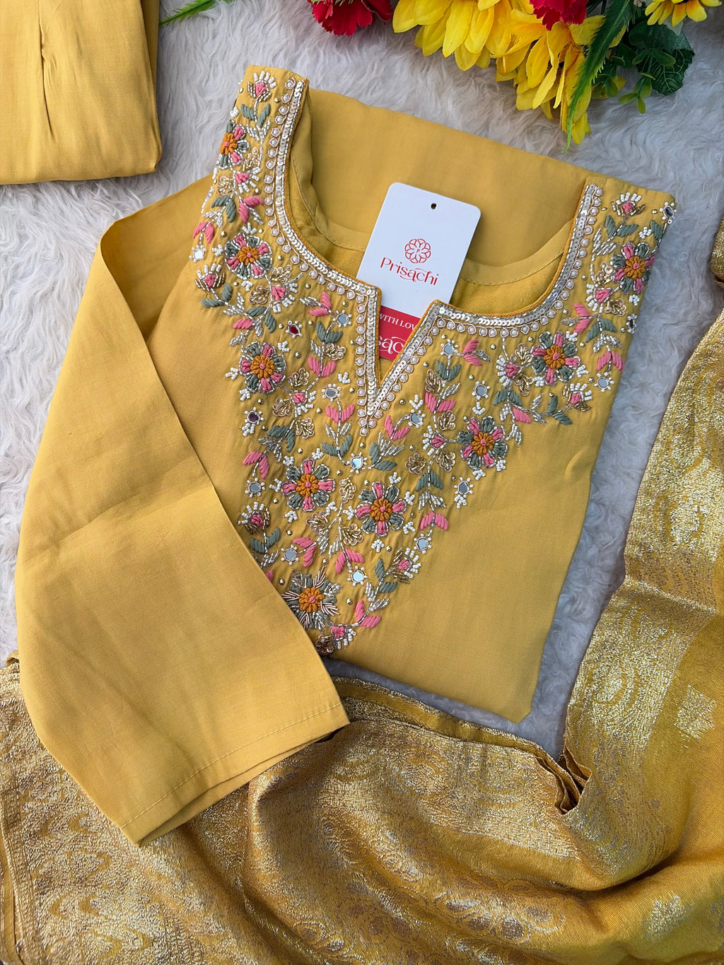 Yellow Designer Embroidered Kurta Set with Pants & Dupatta for Women | Casual & Office Wear Ethnic Suit Set