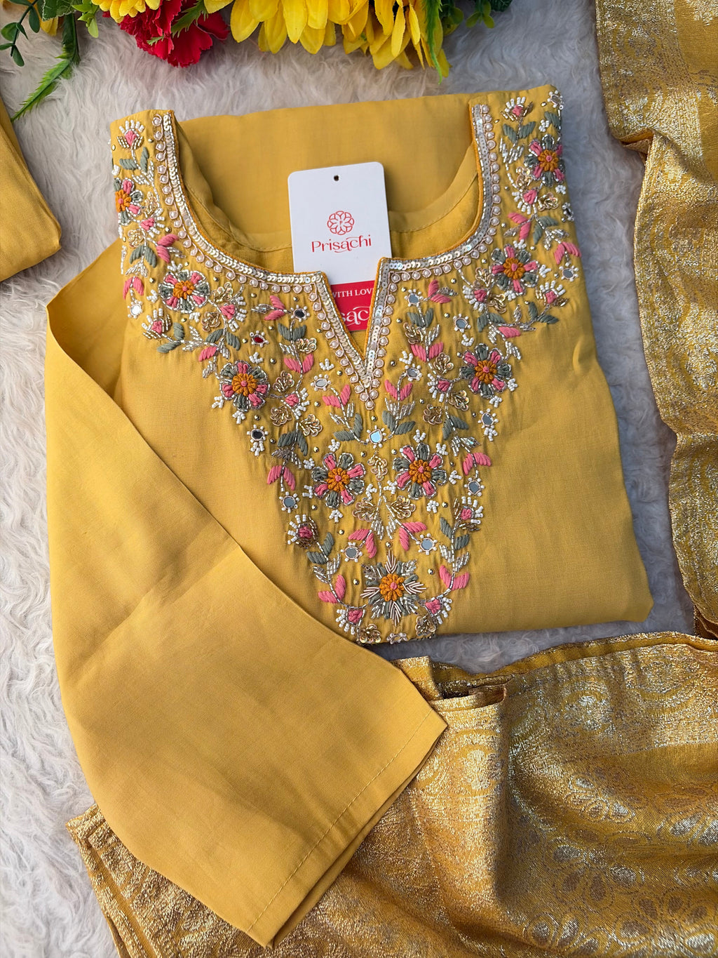 Yellow Designer Embroidered Kurta Set with Pants & Dupatta for Women | Casual & Office Wear Ethnic Suit Set