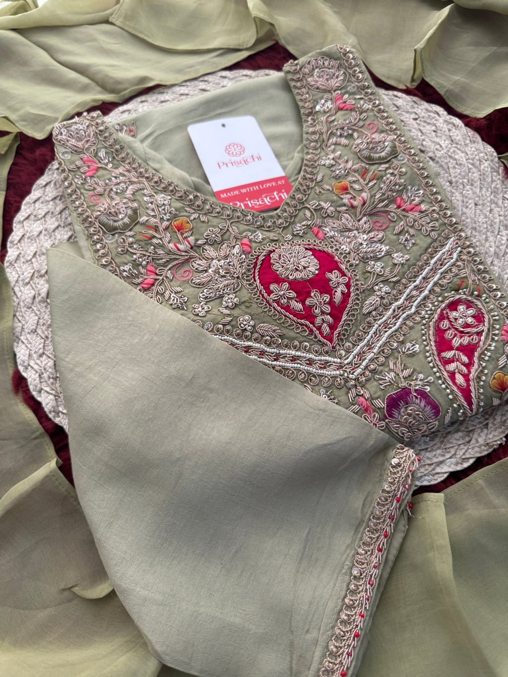 Sage Green Embroidered Designer Ethnic Kurta Set for Women with Palazzo & Dupatta