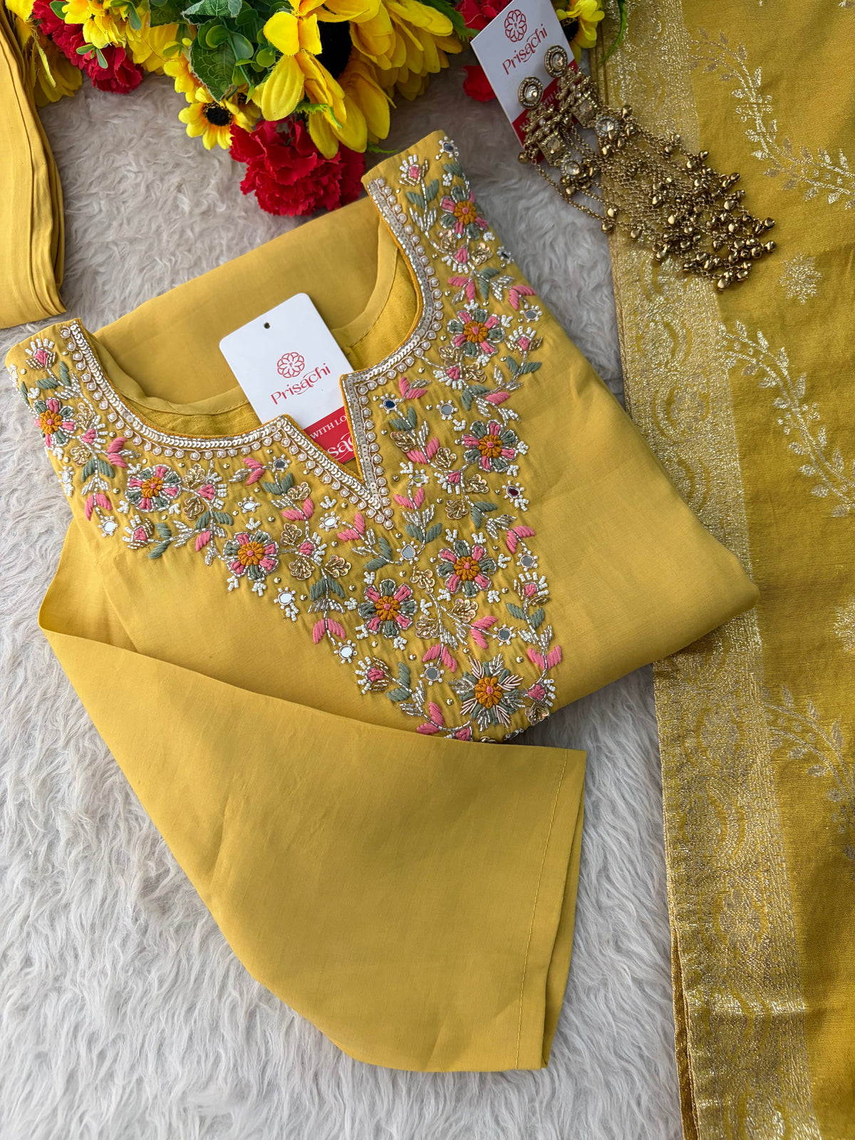 Yellow Designer Embroidered Kurta Set with Pants & Dupatta for Women | Casual & Office Wear Ethnic Suit Set