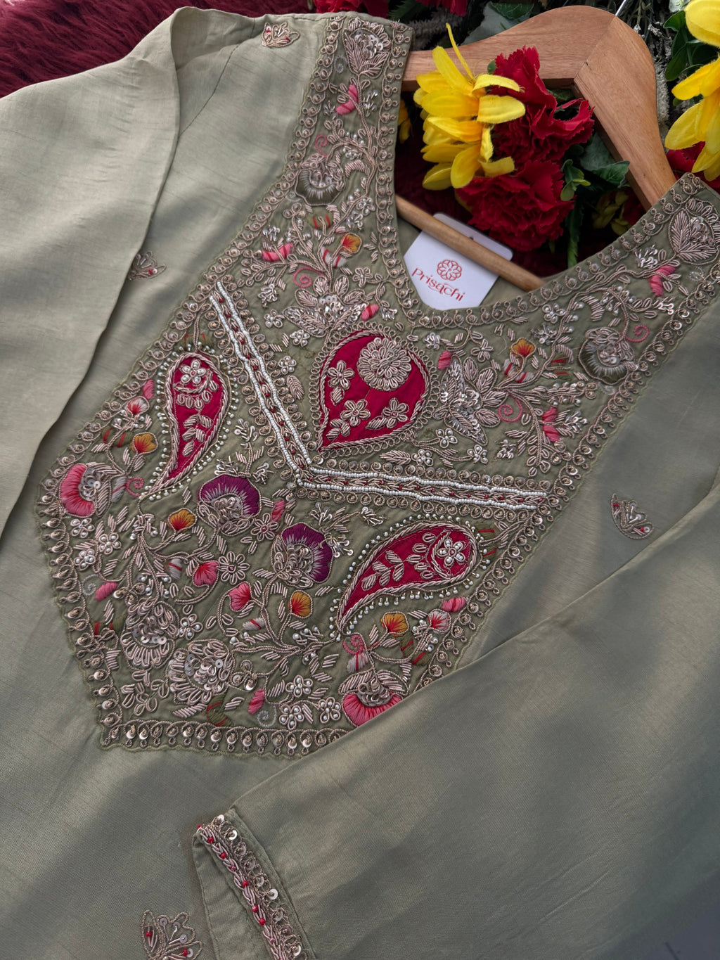 Sage Green Embroidered Designer Ethnic Kurta Set for Women with Palazzo & Dupatta