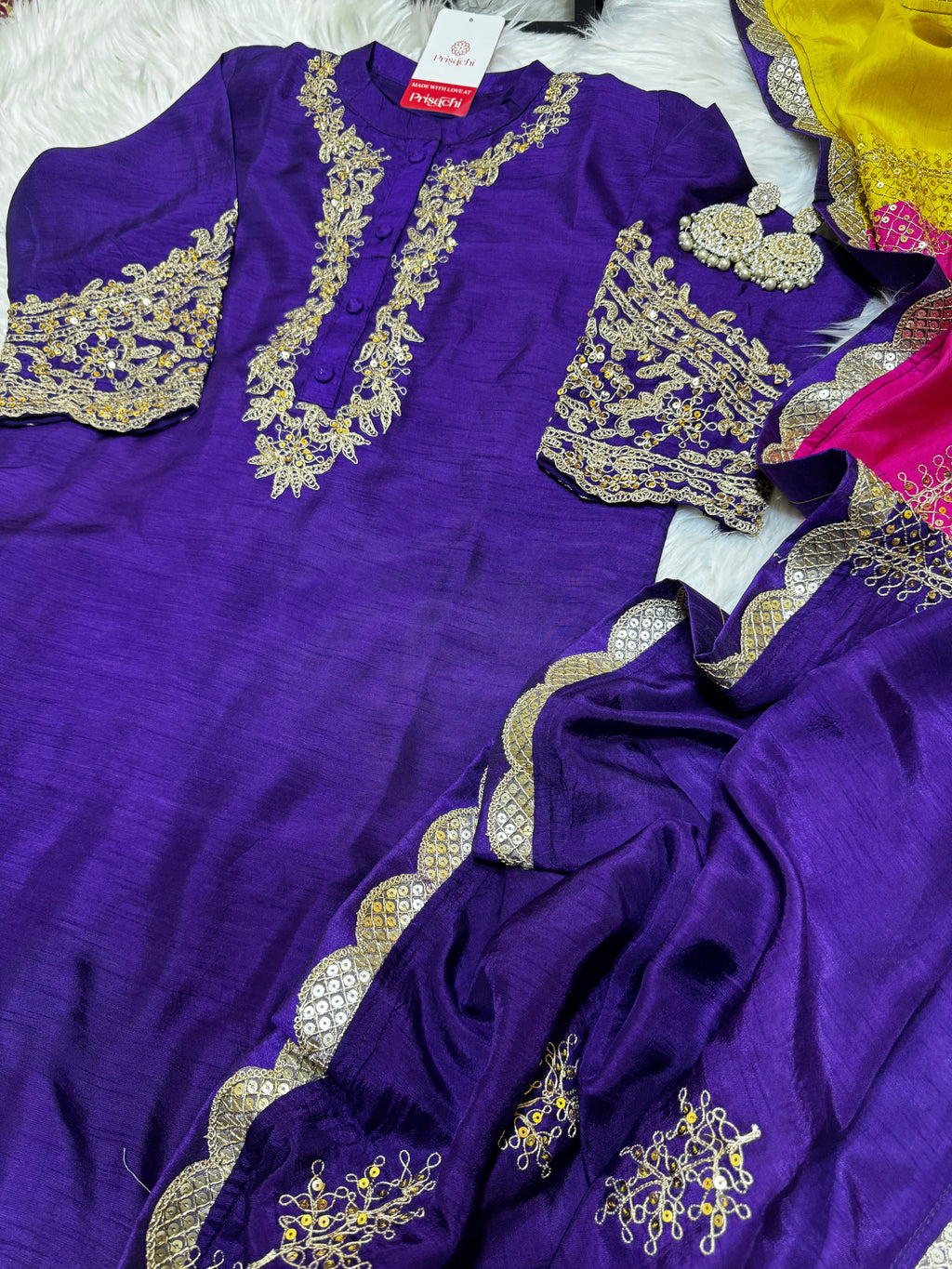 Purple Embroidered straight kurta set with dupatta and pant