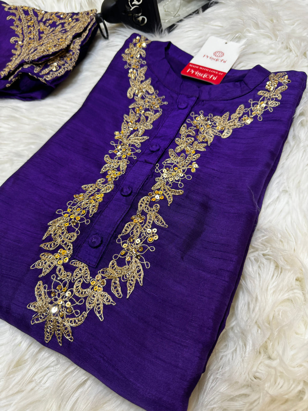 Purple Embroidered straight kurta set with dupatta and pant