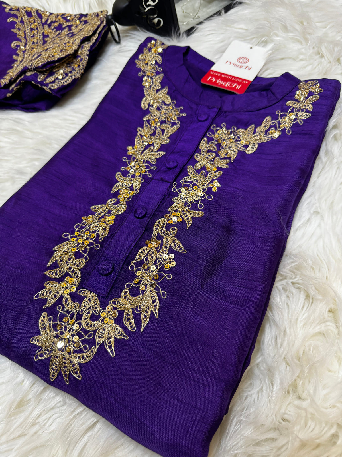 Purple Embroidered straight kurta set with dupatta and pant