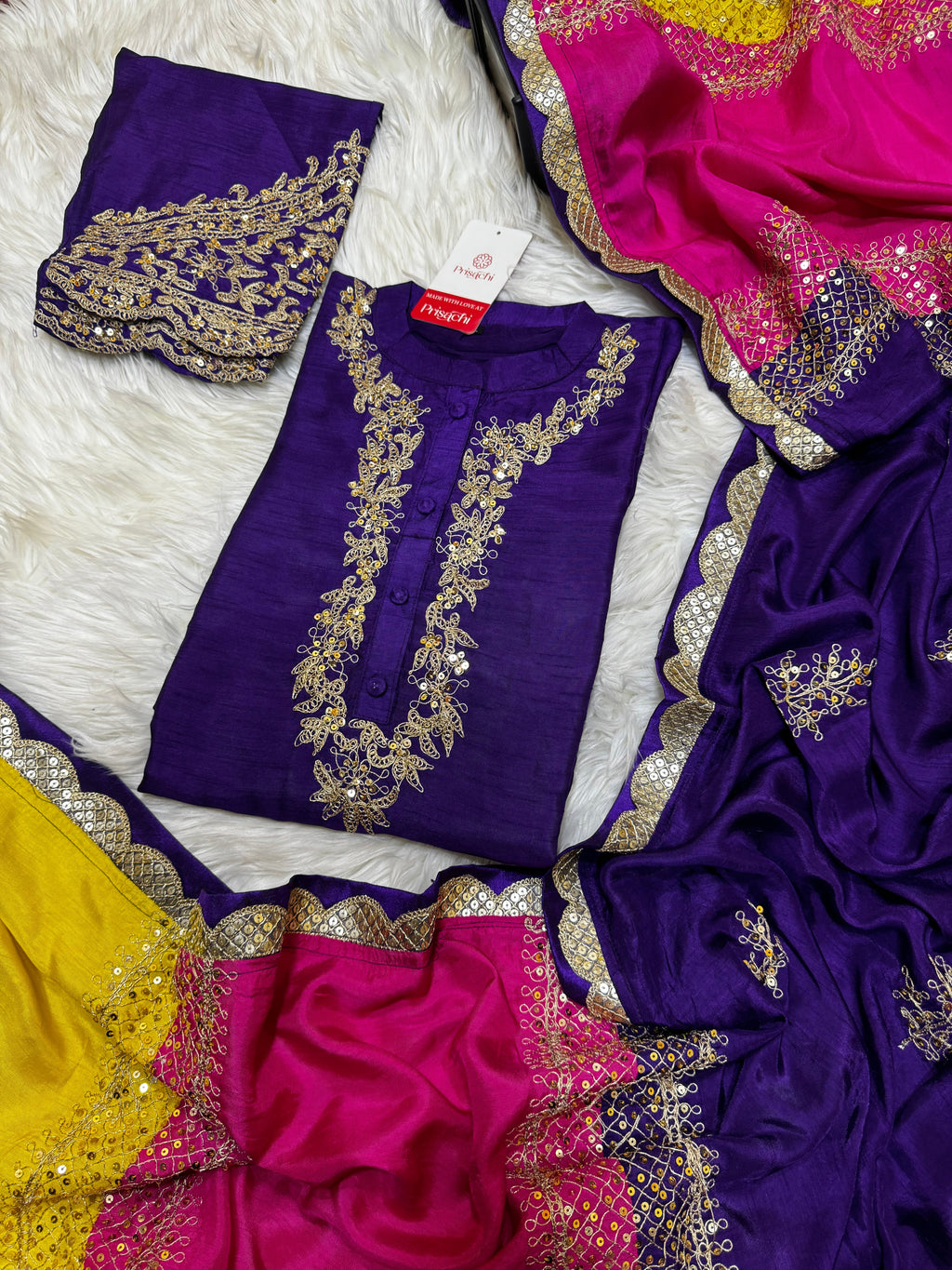 Purple Embroidered straight kurta set with dupatta and pant