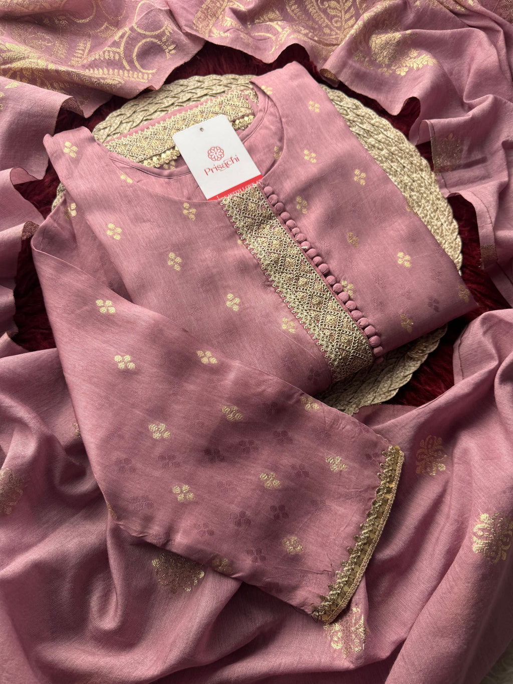 Lavender Embroidered Kurta Set with Pants & Banarasi Dupatta | Traditional Ethnic Wear Suit Set
