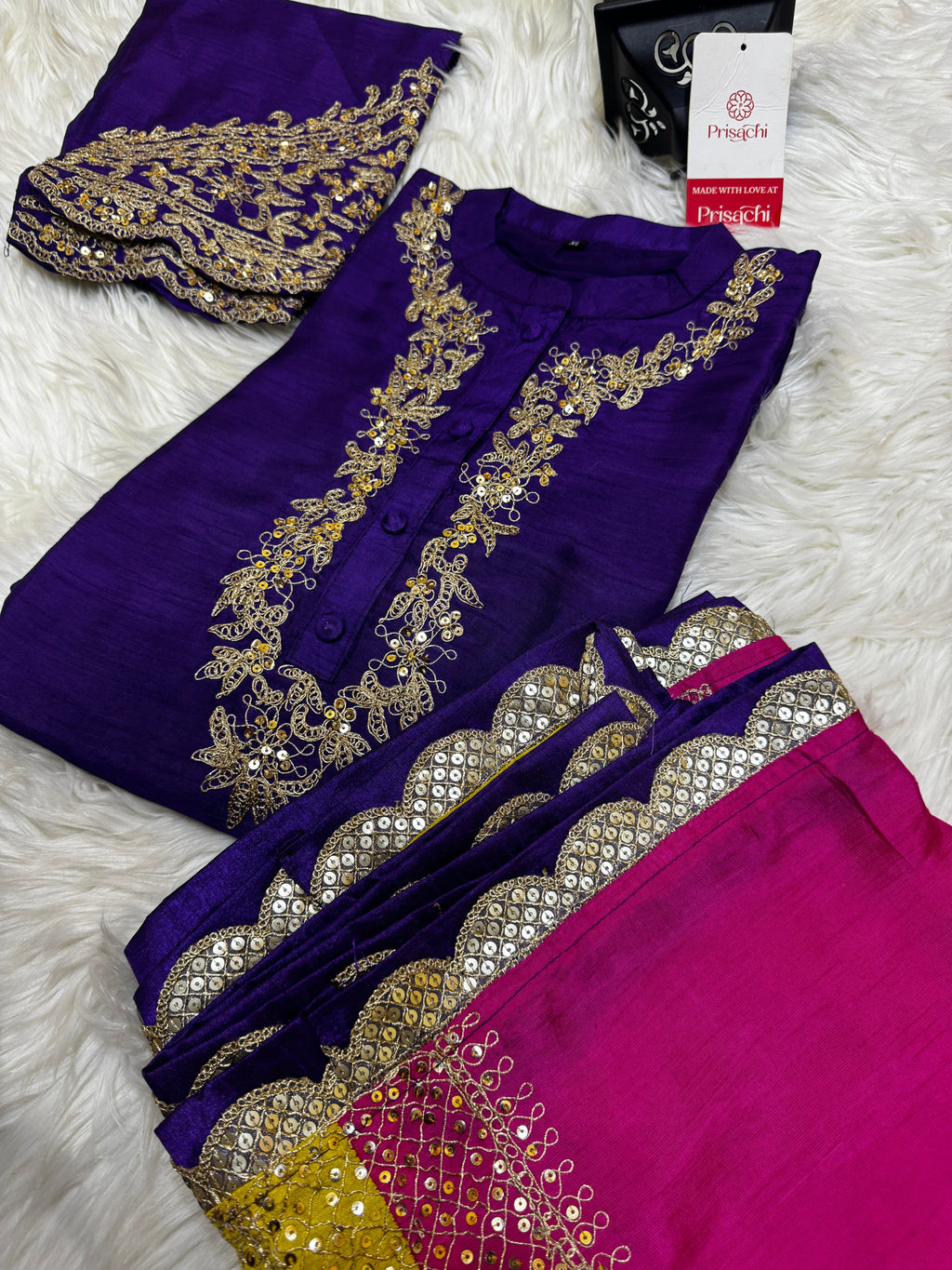 Purple Embroidered straight kurta set with dupatta and pant