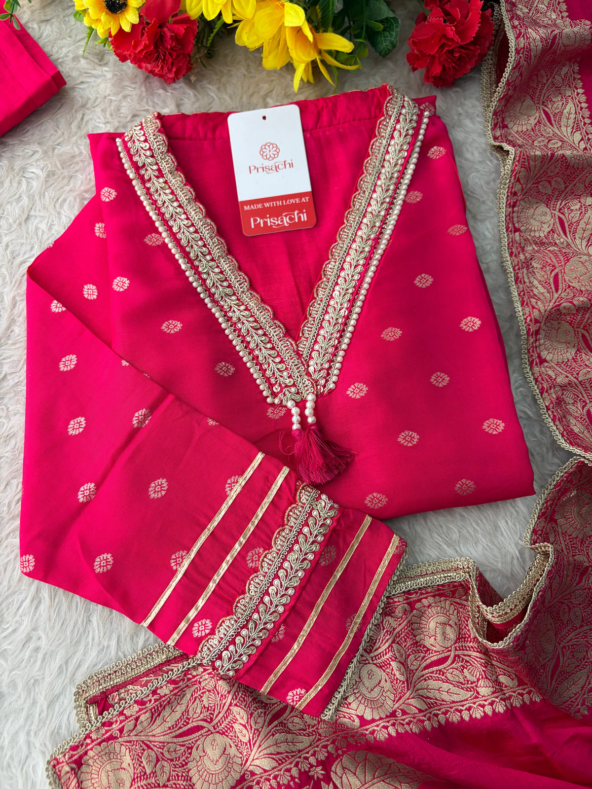 Pink Embroidered Ethnic Kurta Set for Women with Banarasi Dupatta & Pants