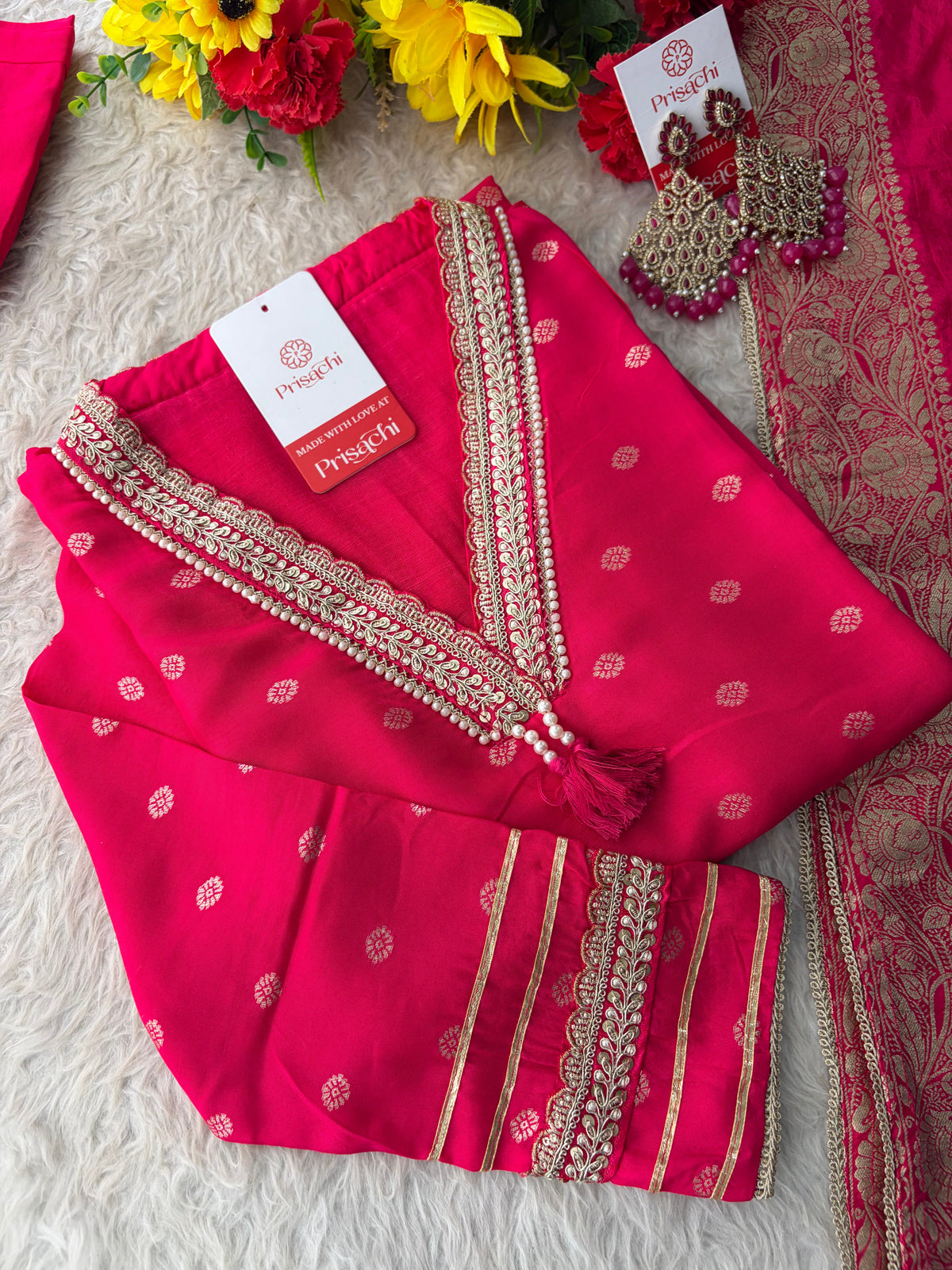 Pink Embroidered Ethnic Kurta Set for Women with Banarasi Dupatta & Pants