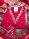 Pink Embroidered Ethnic Kurta Set for Women with Banarasi Dupatta & Pants