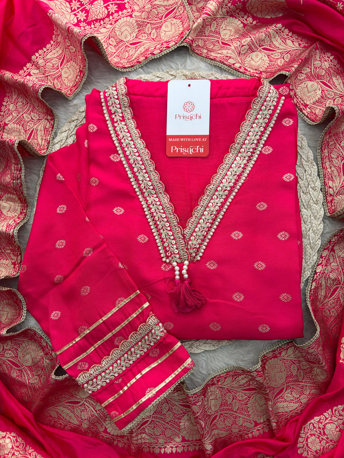 Pink Embroidered Ethnic Kurta Set for Women with Banarasi Dupatta & Pants